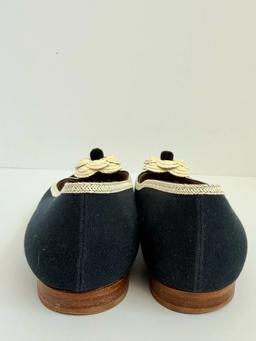 Chanel 2007/08 Vintage Camellia Canvas Ballet Flats Black Cream CC Size 39